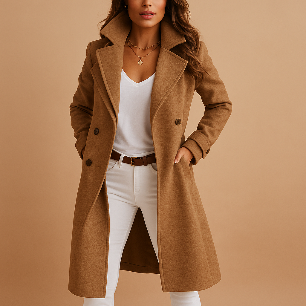 Women’s long elegant coat with classic collar, button closure, and tailored fit. Available in Grey, Dark Grey, Camel, and Black.