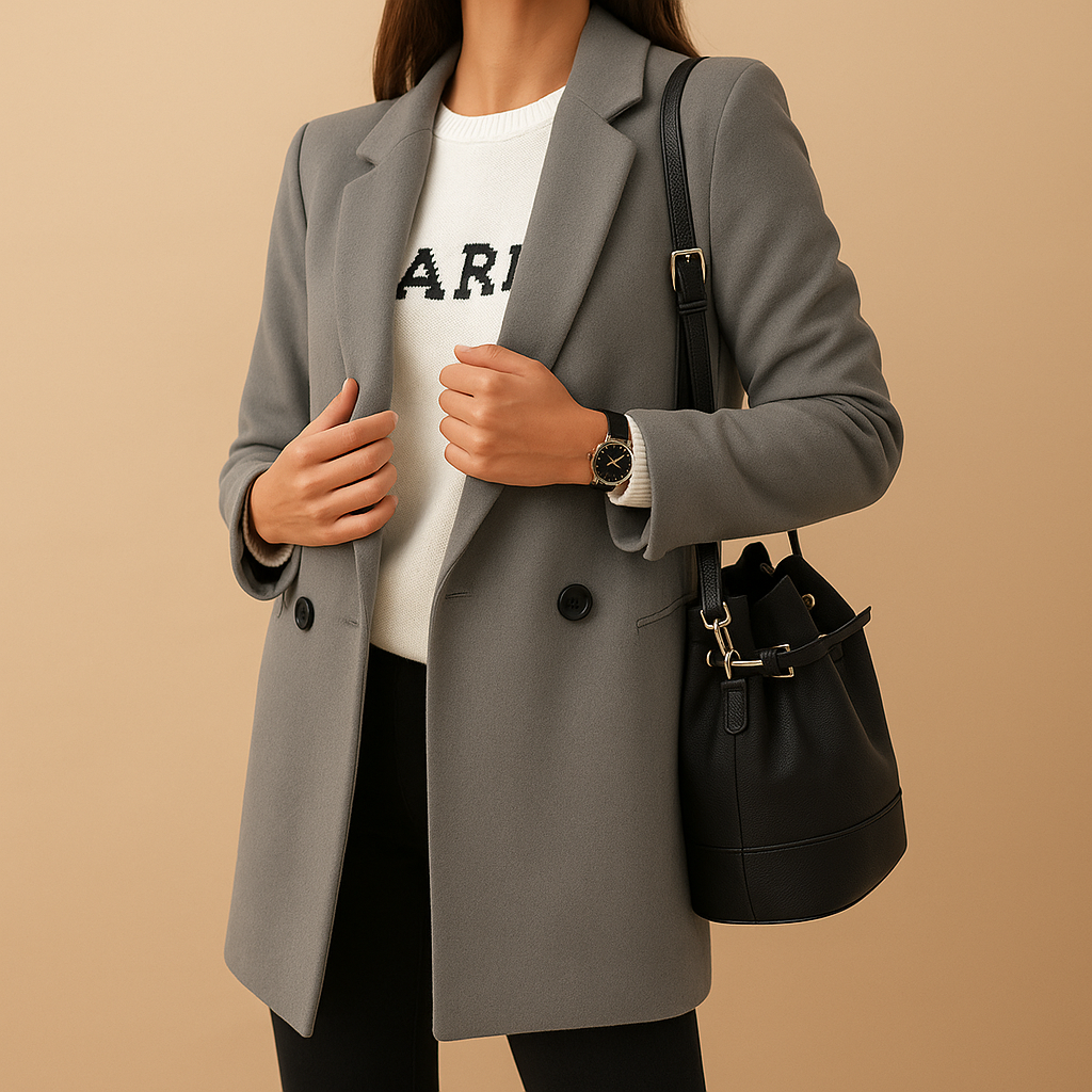 Women’s long elegant jacket with classic silhouette, refined finish, and flattering cut. Available in neutral shades for stylish autumn and winter wear.