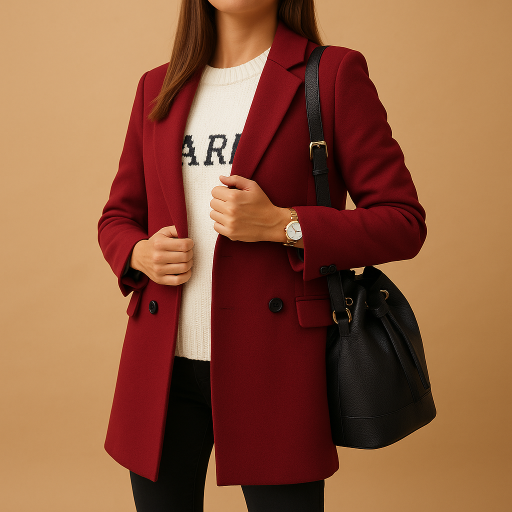 Women’s long elegant jacket with classic silhouette, refined finish, and flattering cut. Available in neutral shades for stylish autumn and winter wear.