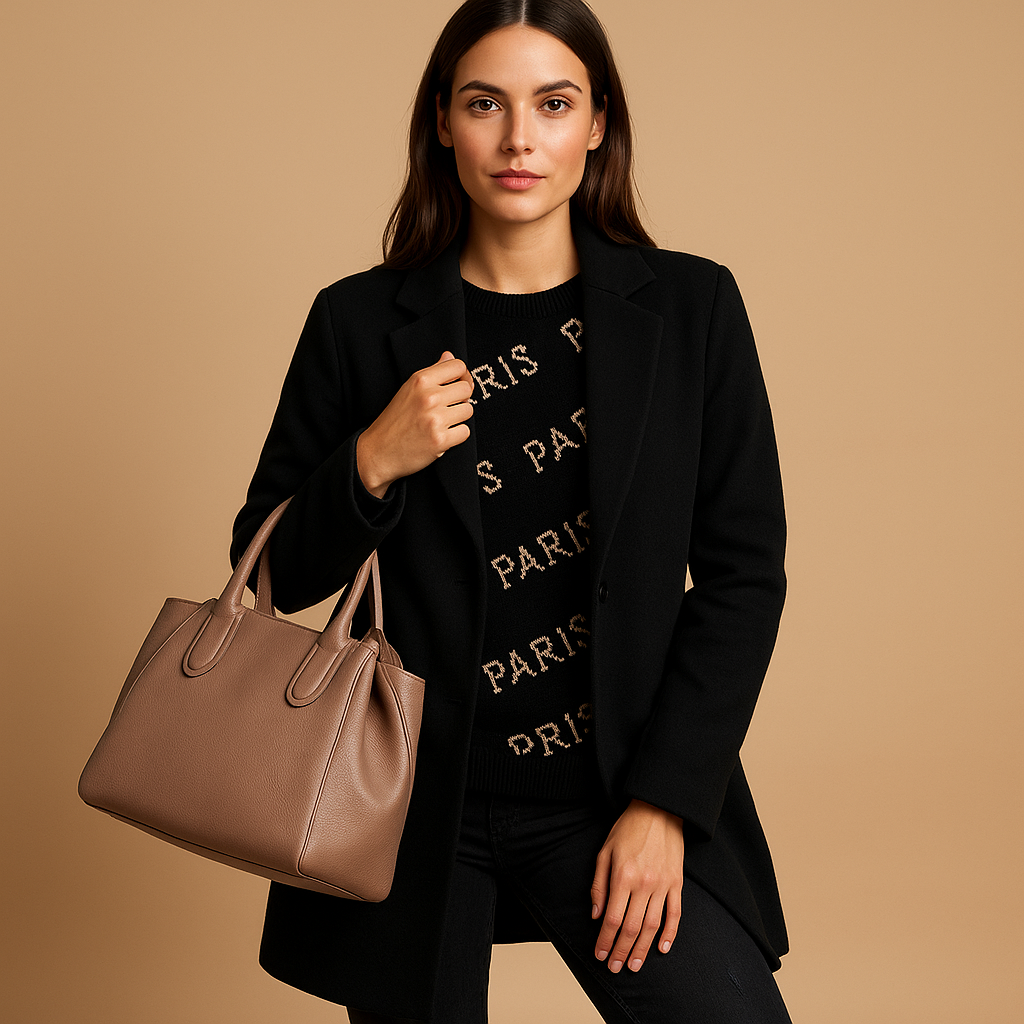 Marissa long elegant jacket for women with classic silhouette, refined finish, and comfortable fit. Available in neutral tones for all seasons.