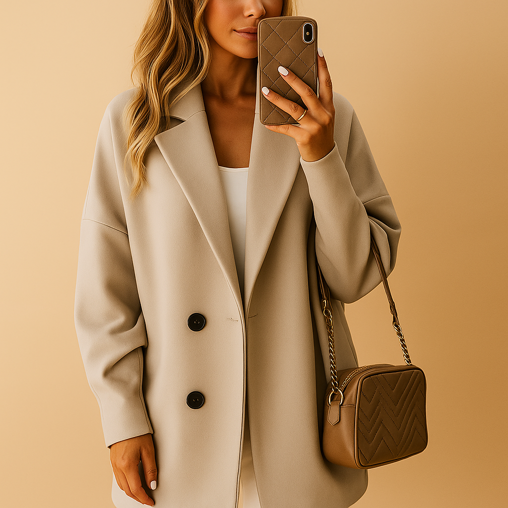 Long elegant winter coat for women with slim silhouette, single-breasted buttons, and extended length, available in neutral tones for timeless style.