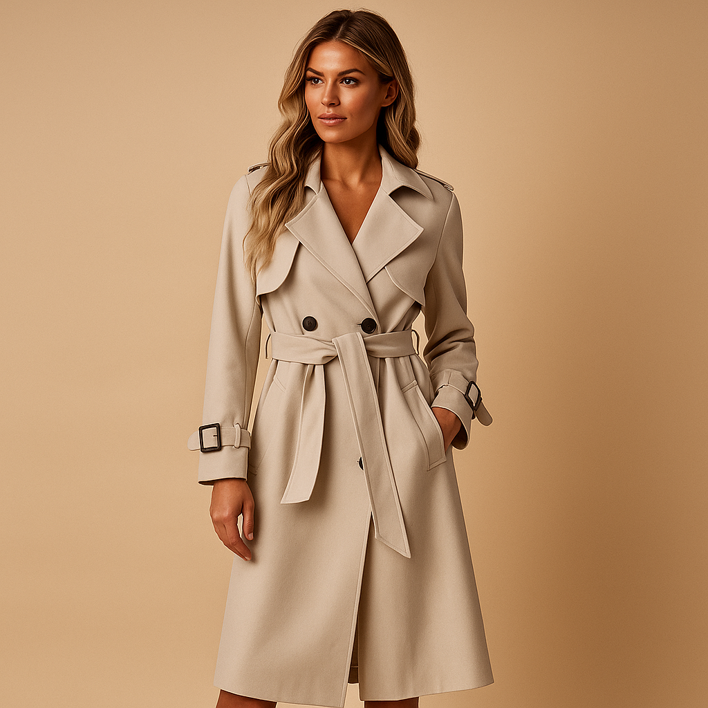 Women’s long elegant winter coat with double-breasted closure and tailored fit, perfect for formal occasions, office wear, and stylish winter outings.