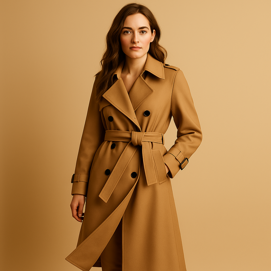 Women’s long elegant winter coat with double-breasted closure and tailored fit, perfect for formal occasions, office wear, and stylish winter outings.