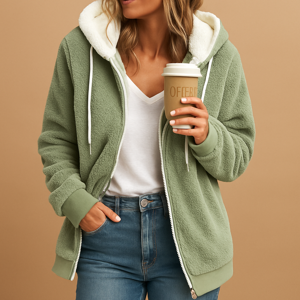 Women’s long fleece hooded cardigan with relaxed fit, open front, and soft cosy fabric. Ideal for autumn, winter, lounging, or casual wear.