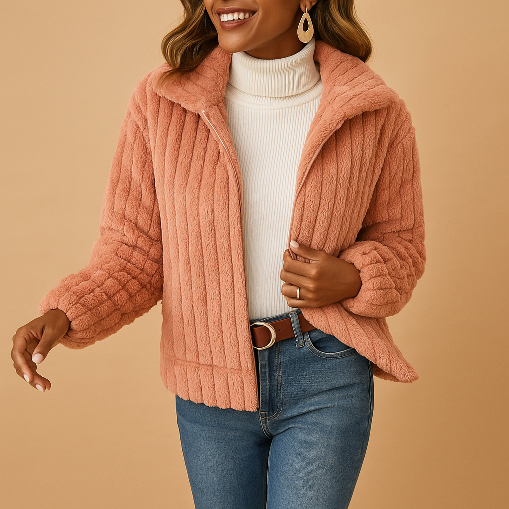Women’s long fleece jacket with stand collar, soft fabric, and practical pockets. Perfect for layering and staying warm in cold weather.