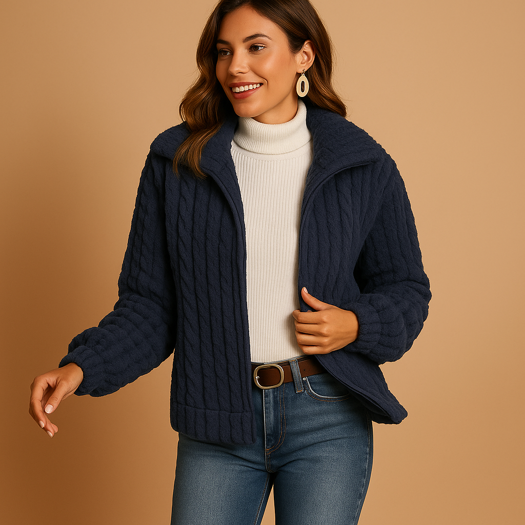Women’s long fleece jacket with stand collar, soft fabric, and practical pockets. Perfect for layering and staying warm in cold weather.