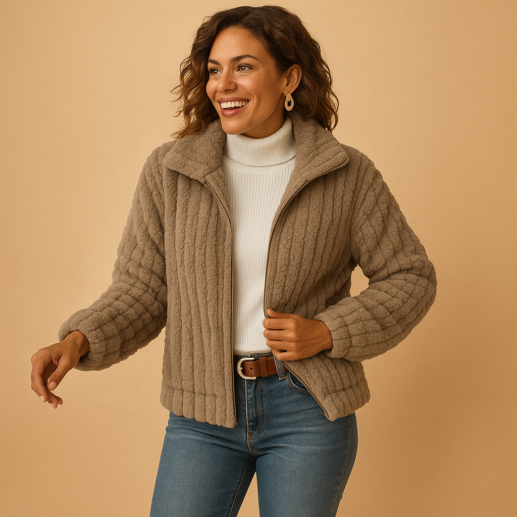 Women’s long fleece jacket with stand collar, soft fabric, and practical pockets. Perfect for layering and staying warm in cold weather.