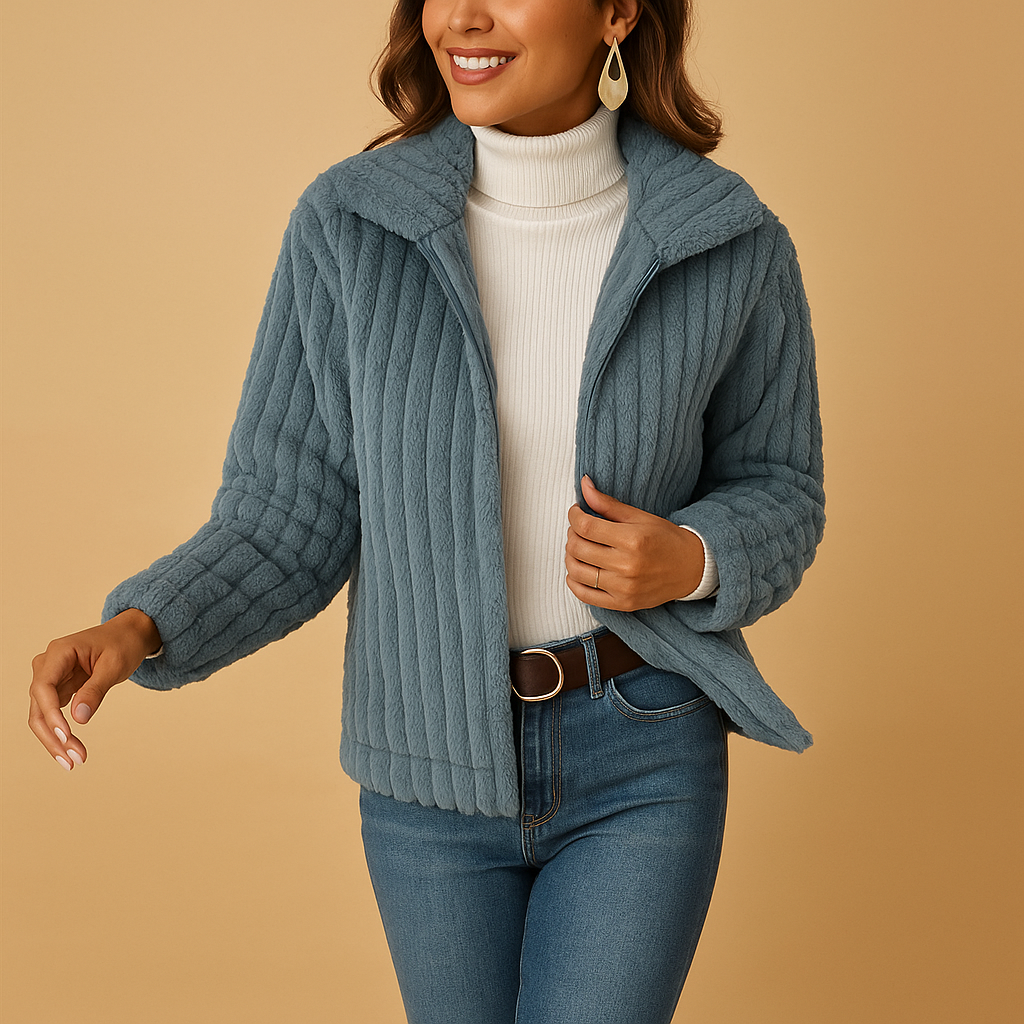 Women’s long fleece jacket with stand collar, soft fabric, and practical pockets. Perfect for layering and staying warm in cold weather.