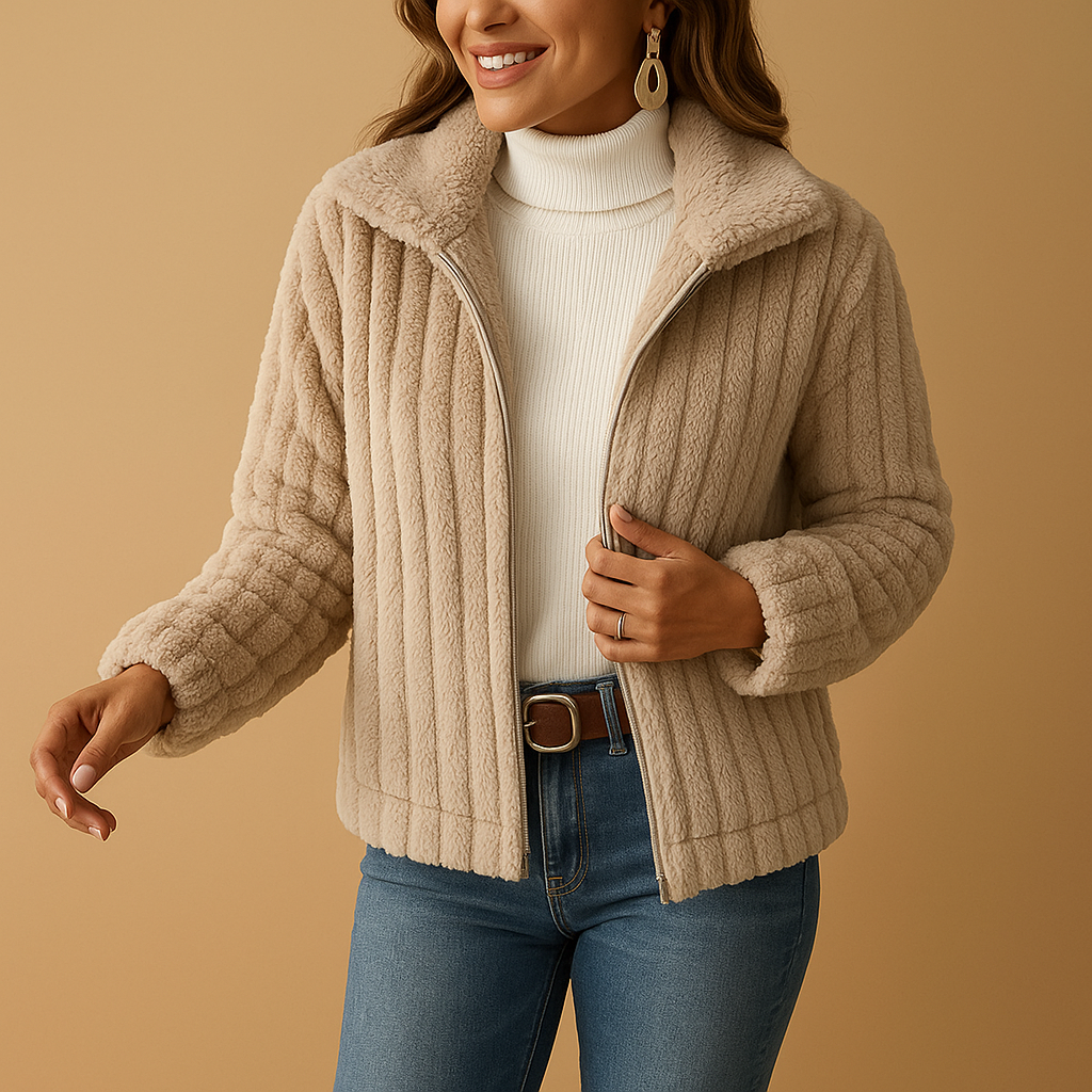 Women’s long fleece jacket with stand collar, soft fabric, and practical pockets. Perfect for layering and staying warm in cold weather.