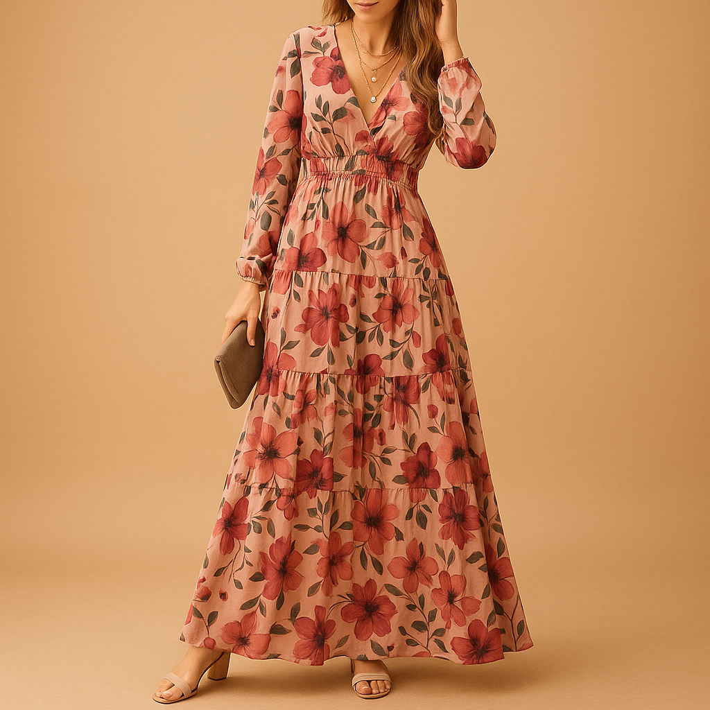 Long floral summer dress for women named Amara, featuring a V-neckline, breathable fabric, and a flowy fit ideal for beach days and warm summer events.