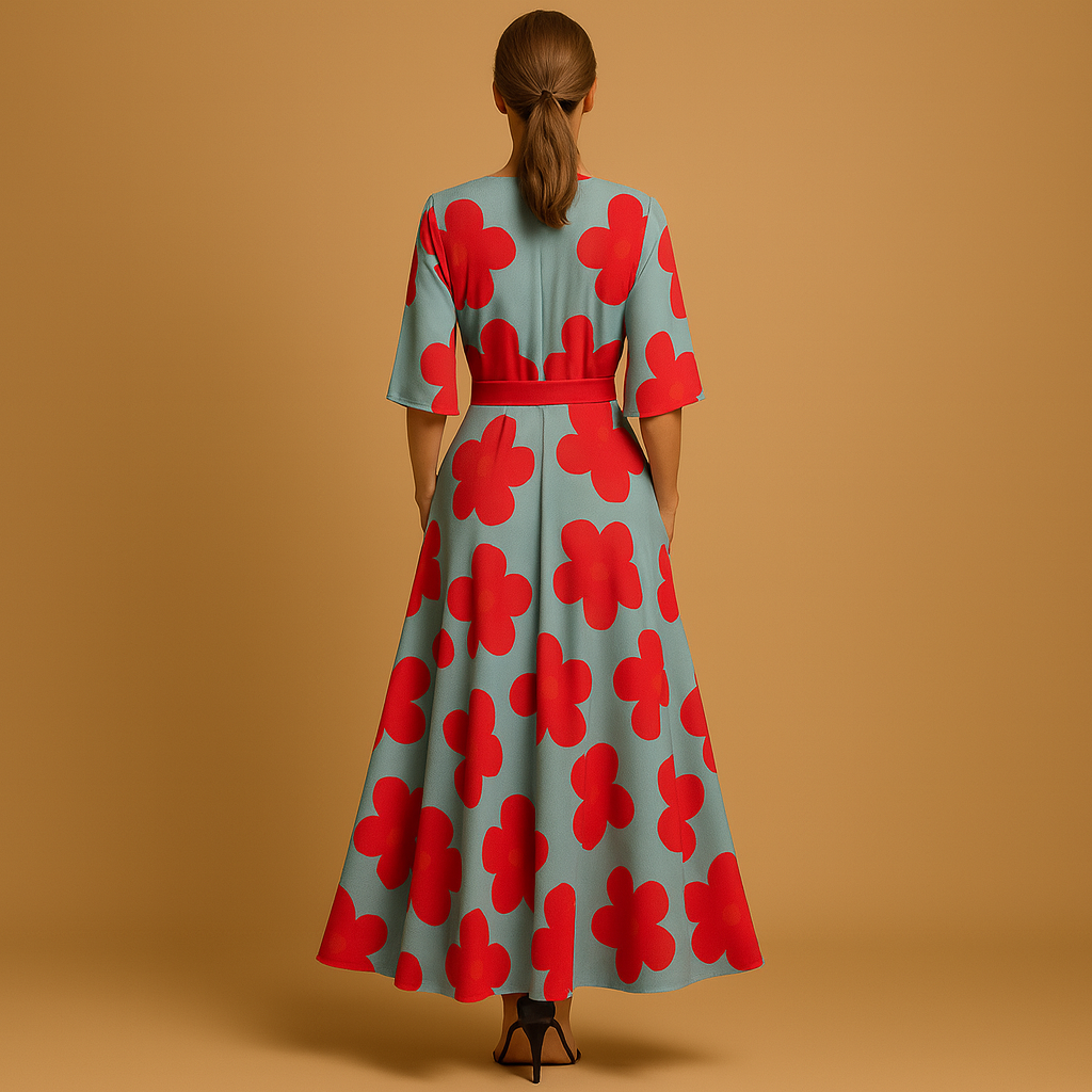 Women’s long floral V-neck dress with elbow-length sleeves, cinched waist, flowing skirt, and pockets. Perfect for casual days, parties, and summer evenings.