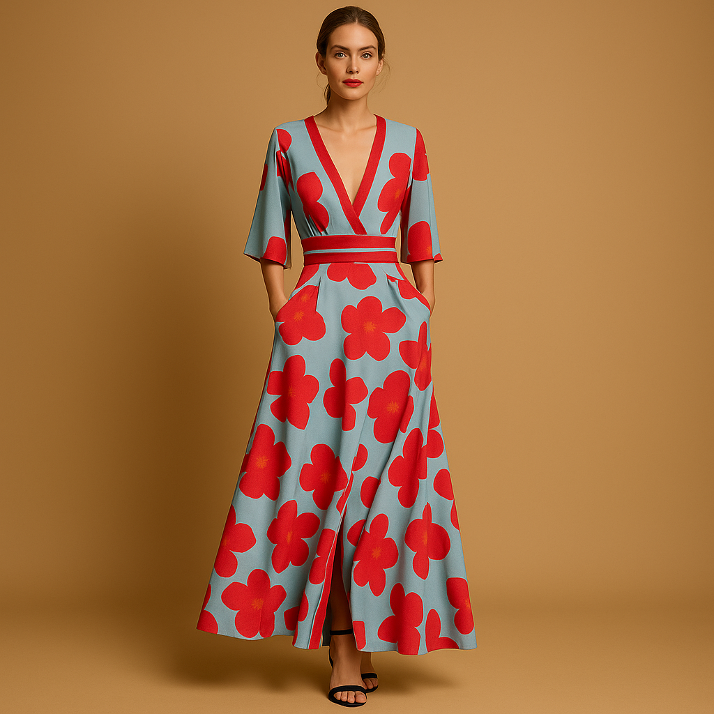 Women’s long floral V-neck dress with elbow-length sleeves, cinched waist, flowing skirt, and pockets. Perfect for casual days, parties, and summer evenings.