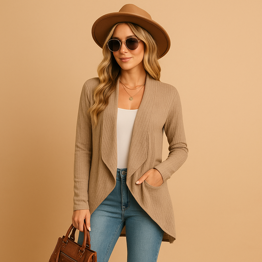 Women’s long knitted cardigan with relaxed fit and soft knit texture, designed in solid colours, ideal for layering in spring and autumn.