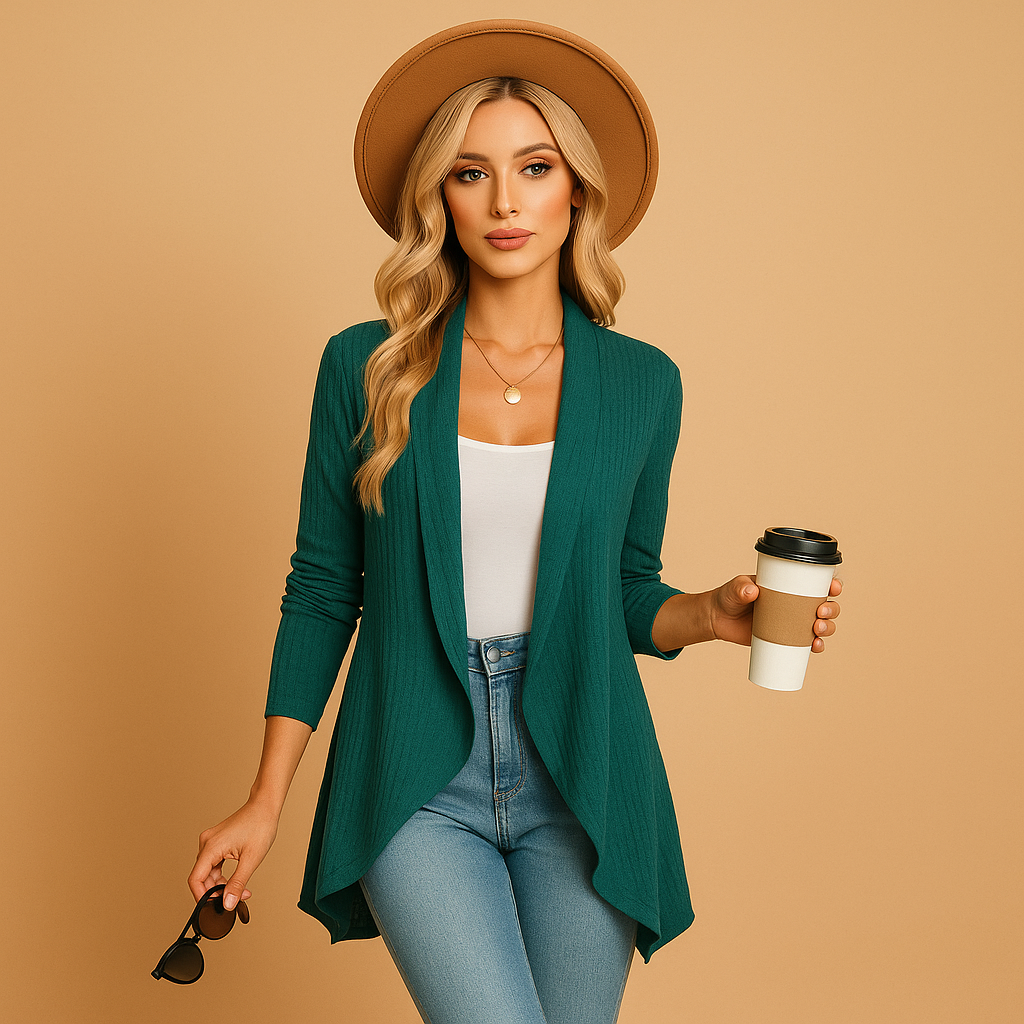Women’s long knitted cardigan with relaxed fit and soft knit texture, designed in solid colours, ideal for layering in spring and autumn.