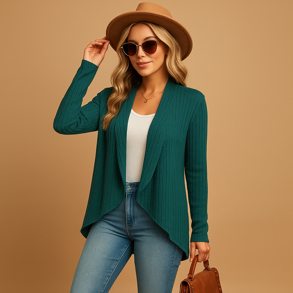 Women’s long knitted cardigan with relaxed fit and soft knit texture, designed in solid colours, ideal for layering in spring and autumn.
