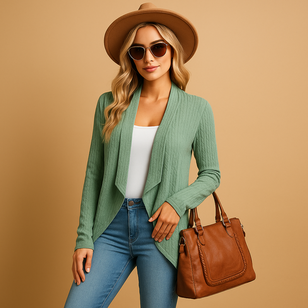 Women’s long knitted cardigan with relaxed fit and soft knit texture, designed in solid colours, ideal for layering in spring and autumn.