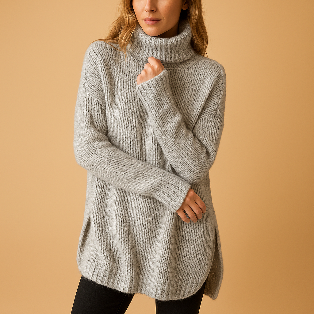 Women’s long knitted sweater with carbon-inspired print in black and grey, offering warmth, comfort, and timeless elegance for autumn and winter wear.