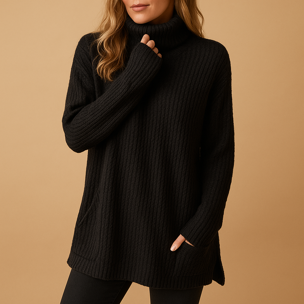Women’s long knitted sweater with carbon-inspired print in black and grey, offering warmth, comfort, and timeless elegance for autumn and winter wear.
