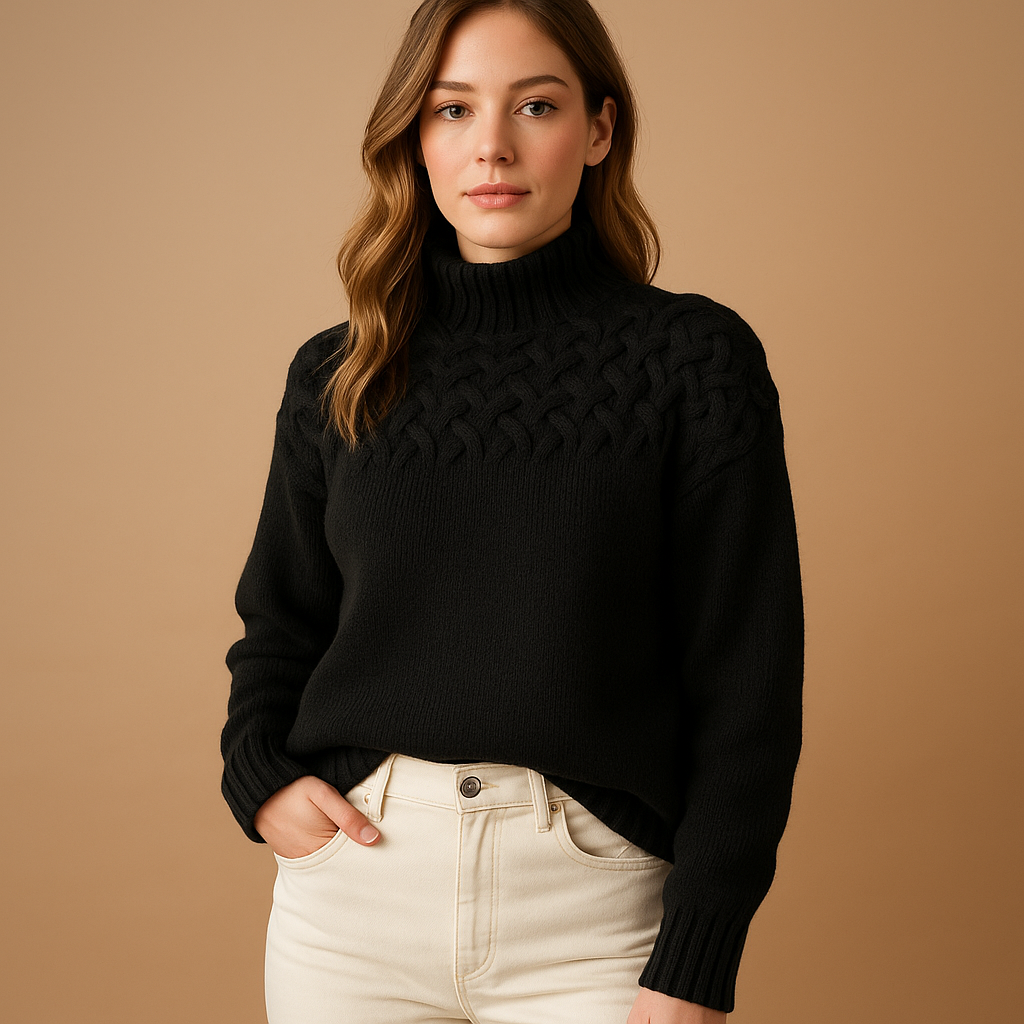 Women’s long knitted turtleneck sweater with soft collar, flattering fit, and timeless design, perfect for casual or dressed-up winter looks.