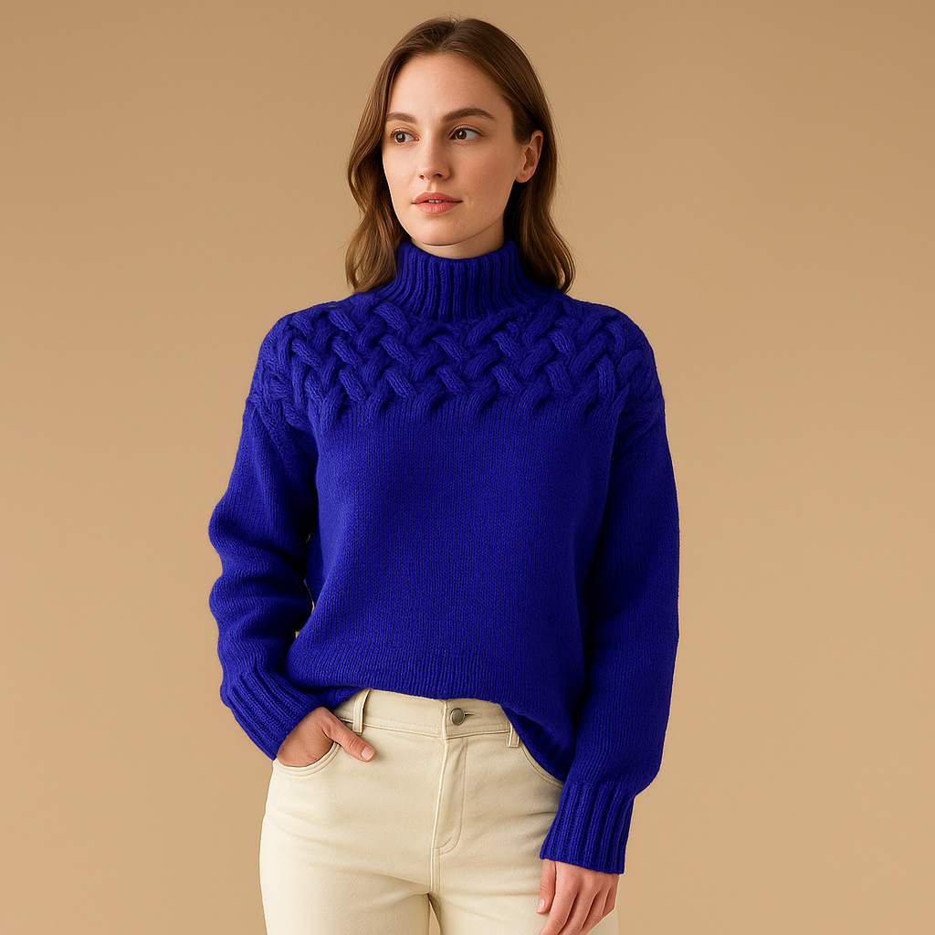 Women’s long knitted turtleneck sweater with soft collar, flattering fit, and timeless design, perfect for casual or dressed-up winter looks.