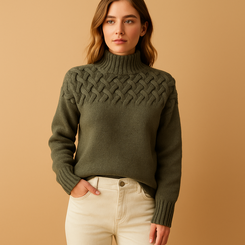 Women’s long knitted turtleneck sweater with soft collar, flattering fit, and timeless design, perfect for casual or dressed-up winter looks.
