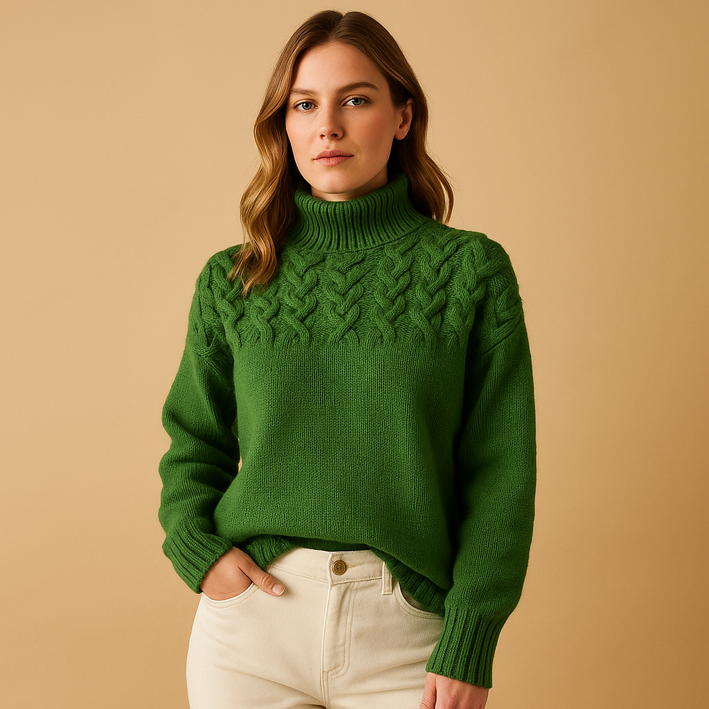 Women’s long knitted turtleneck sweater with soft collar, flattering fit, and timeless design, perfect for casual or dressed-up winter looks.