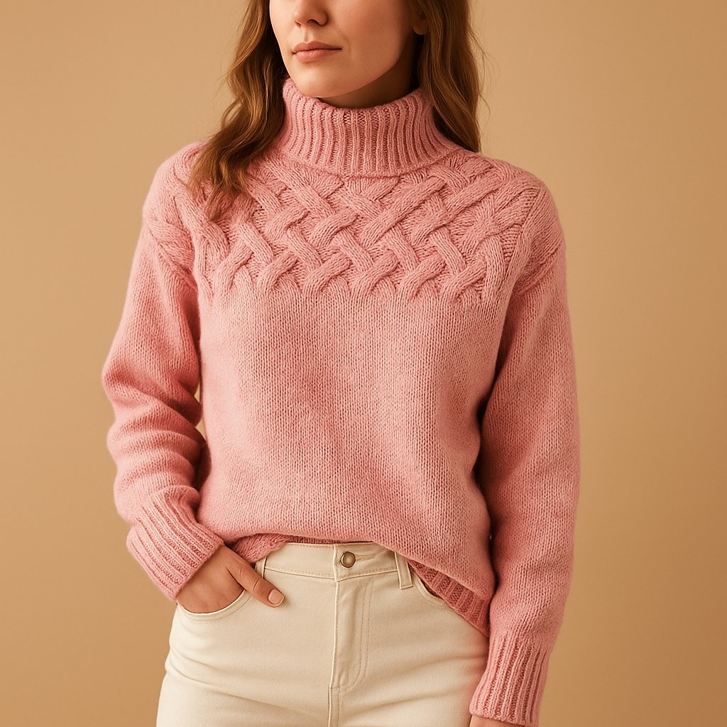 Women’s long knitted turtleneck sweater with soft collar, flattering fit, and timeless design, perfect for casual or dressed-up winter looks.