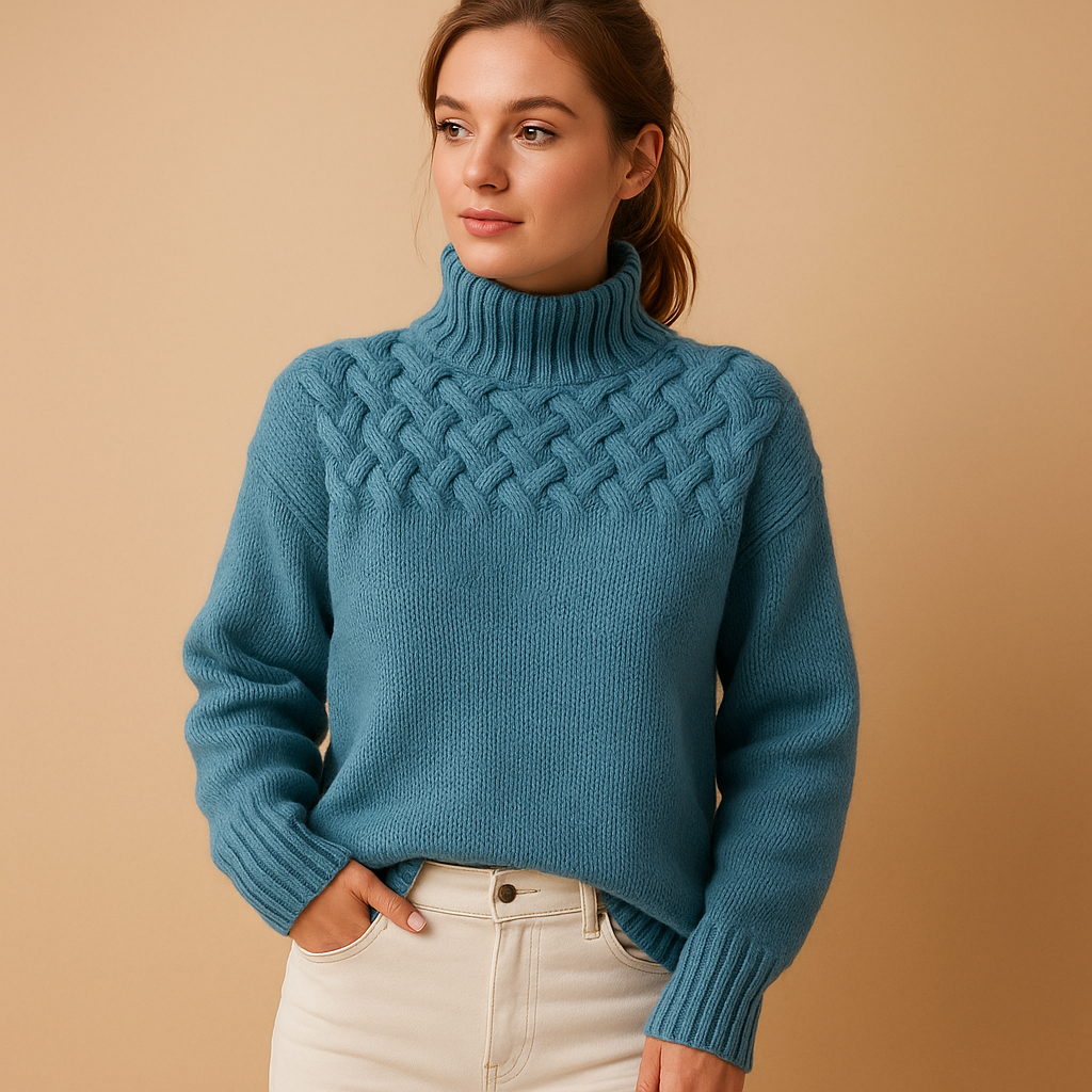 Women’s long knitted turtleneck sweater with soft collar, flattering fit, and timeless design, perfect for casual or dressed-up winter looks.