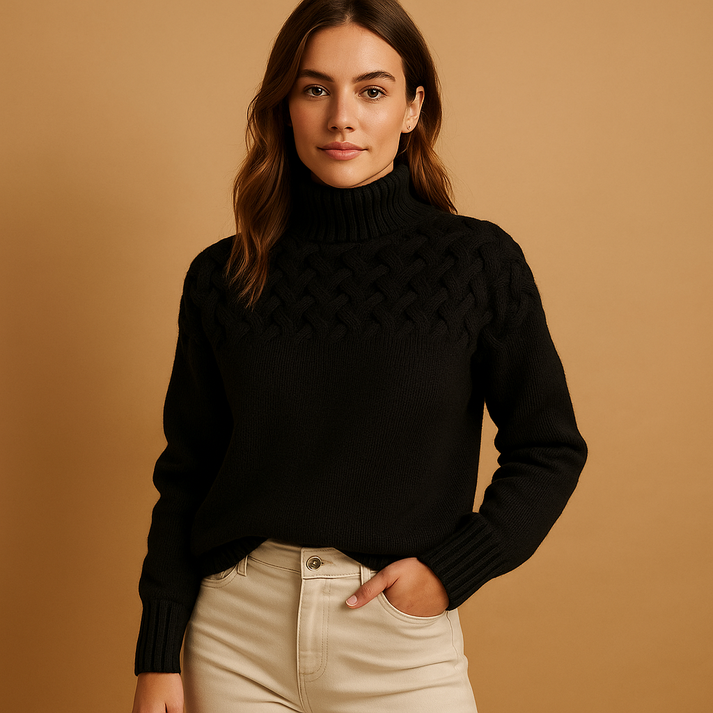 Women’s long knitted turtleneck sweater with soft breathable fabric, high neck, and relaxed fit, perfect for stylish winter layering.