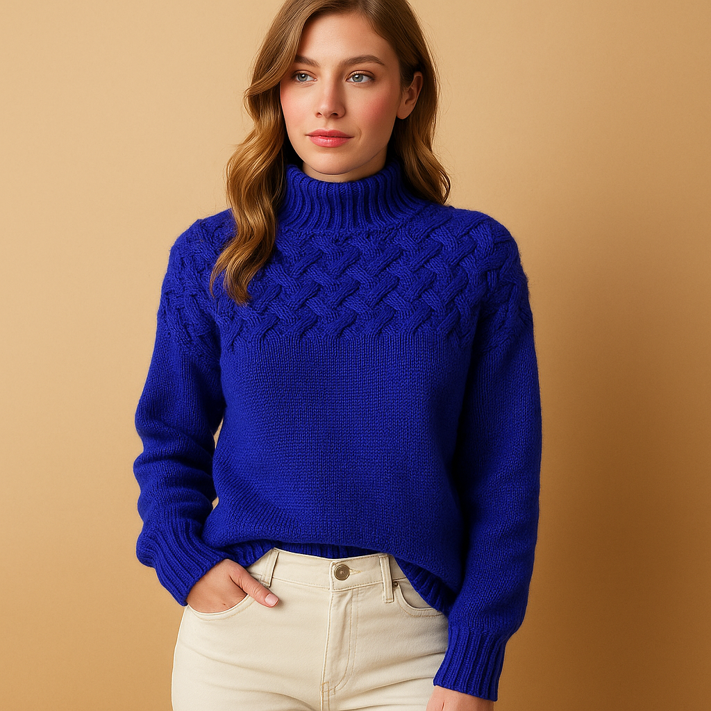 Women’s long knitted turtleneck sweater with soft breathable fabric, high neck, and relaxed fit, perfect for stylish winter layering.
