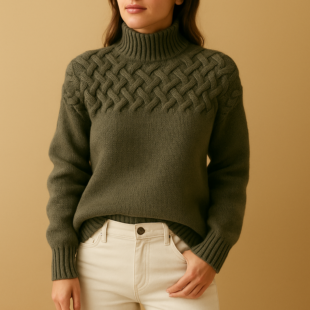 Women’s long knitted turtleneck sweater with soft breathable fabric, high neck, and relaxed fit, perfect for stylish winter layering.
