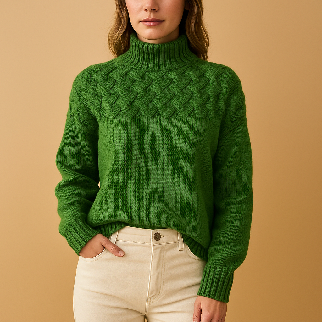 Women’s long knitted turtleneck sweater with soft breathable fabric, high neck, and relaxed fit, perfect for stylish winter layering.