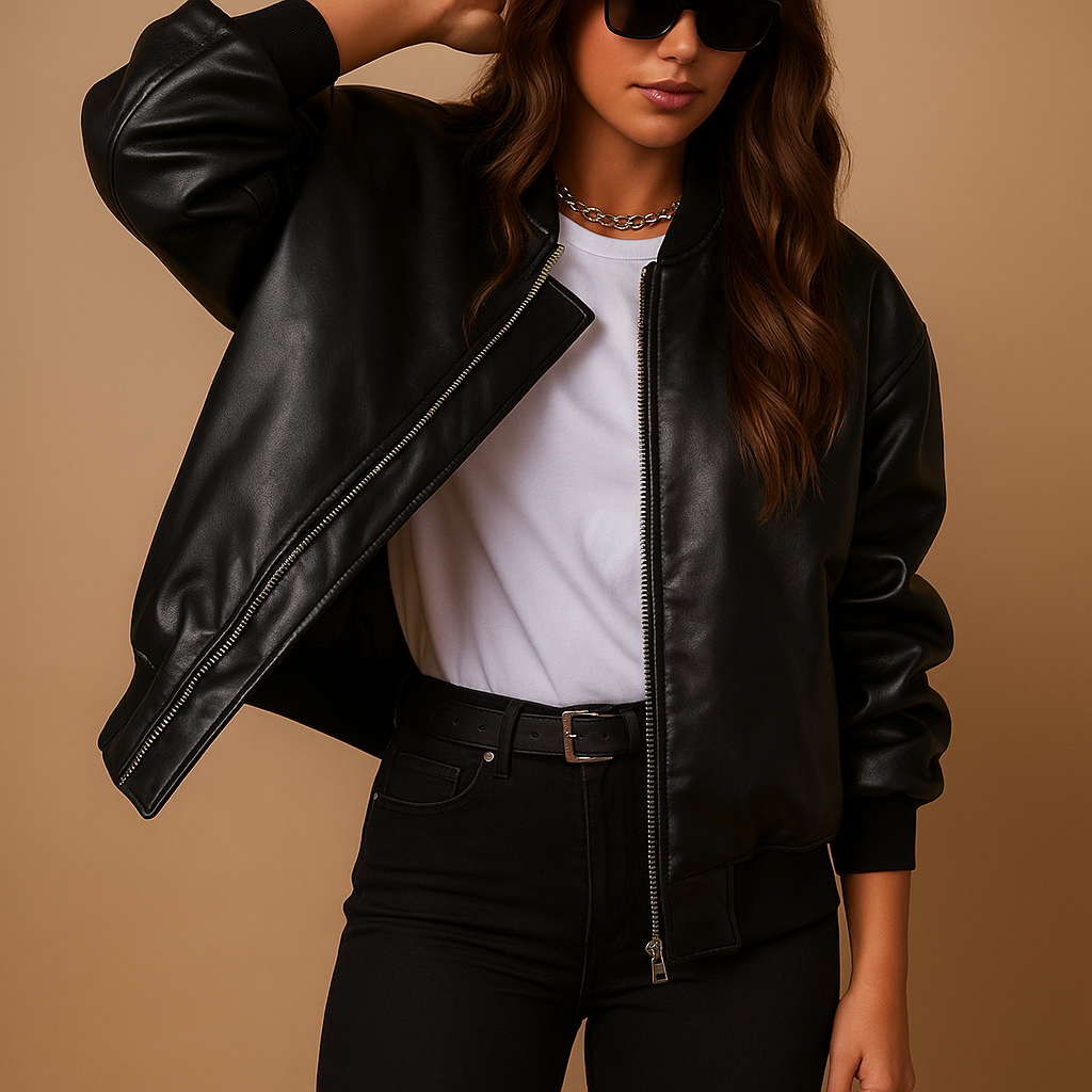 Helena long leather jacket for women with baseball-style accents, tailored fit, and elegant sporty design in Black, Brown, and Beige.