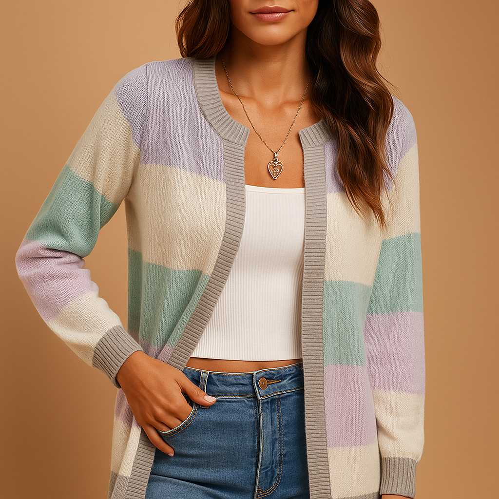 Long open cardigan for women in neutral shades, designed with a relaxed fit and elegant drape, perfect for layering at work or casual moments.