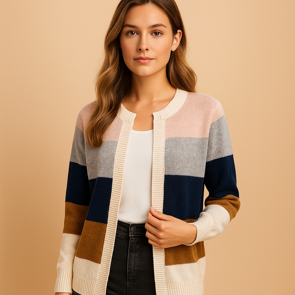 Long open cardigan for women in neutral shades, designed with a relaxed fit and elegant drape, perfect for layering at work or casual moments.
