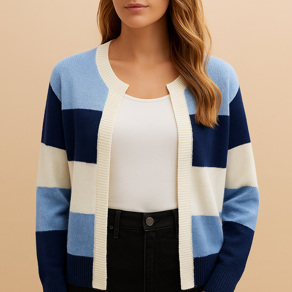 Long open cardigan for women in neutral shades, designed with a relaxed fit and elegant drape, perfect for layering at work or casual moments.