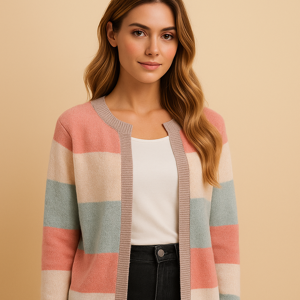 Long open cardigan for women in neutral shades, designed with a relaxed fit and elegant drape, perfect for layering at work or casual moments.