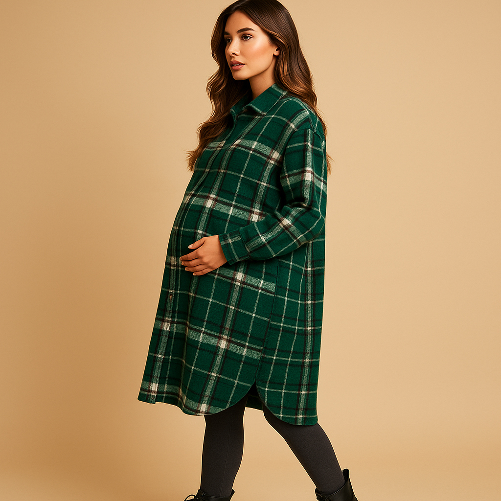 Long plaid coat for women with tailored fit, checkered pattern, lapel collar, and button closure, available in brown, light khaki, and green.