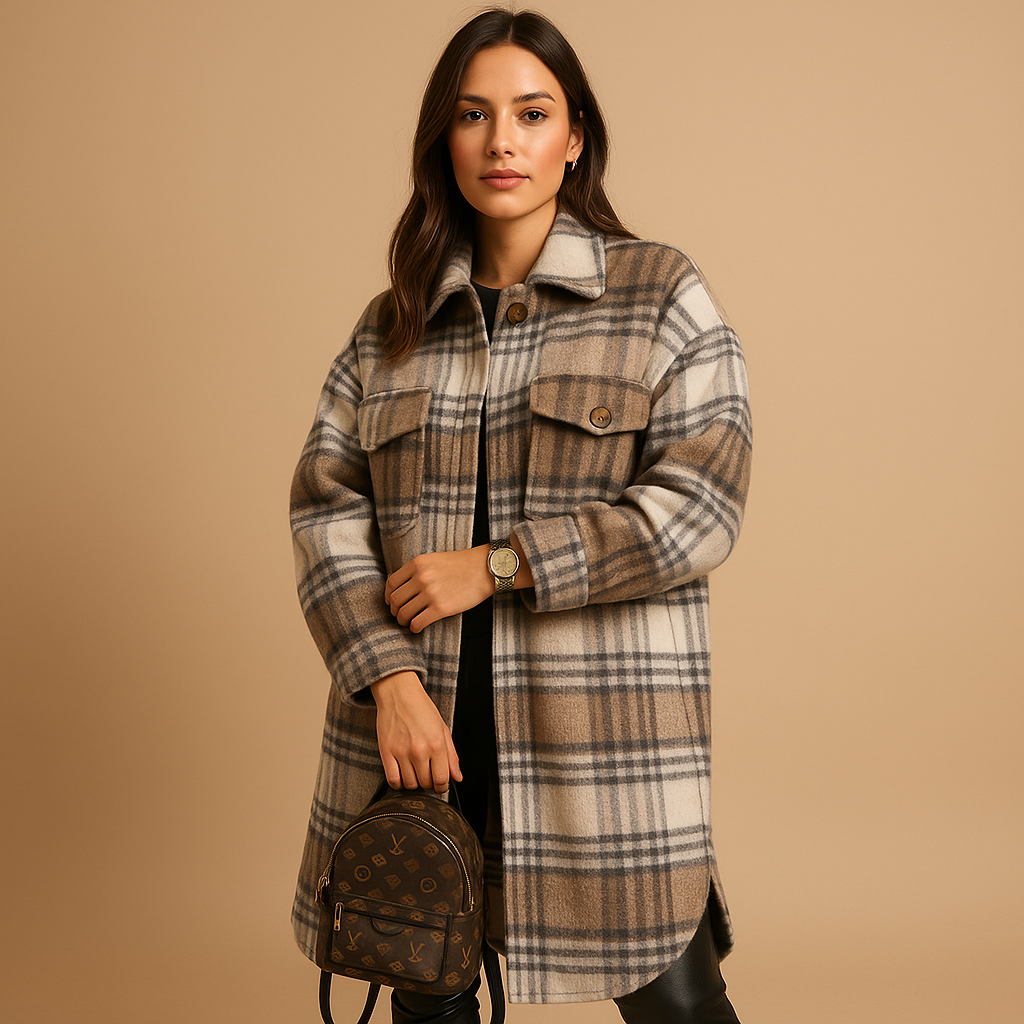 Long plaid coat for women with tailored fit, checkered pattern, lapel collar, and button closure, available in brown, light khaki, and green.