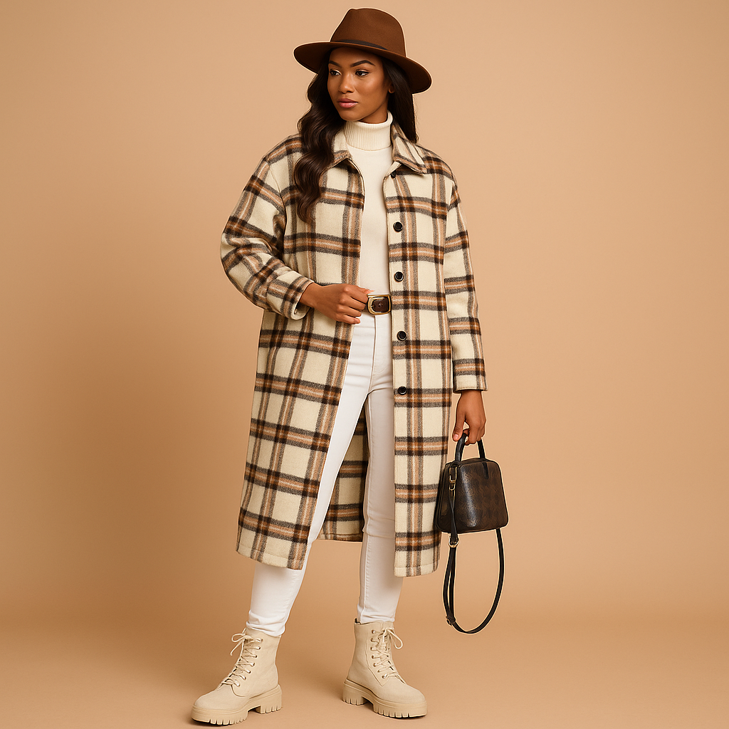 Long plaid coat for women with tailored fit, checkered pattern, lapel collar, and button closure, available in brown, light khaki, and green.