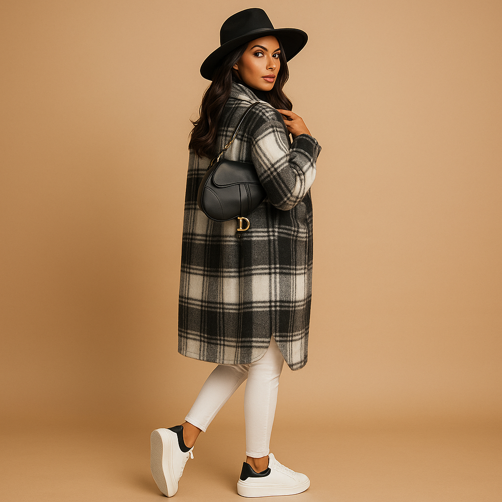 Long plaid coat for women with tailored fit, checkered pattern, lapel collar, and button closure, available in brown, light khaki, and green.