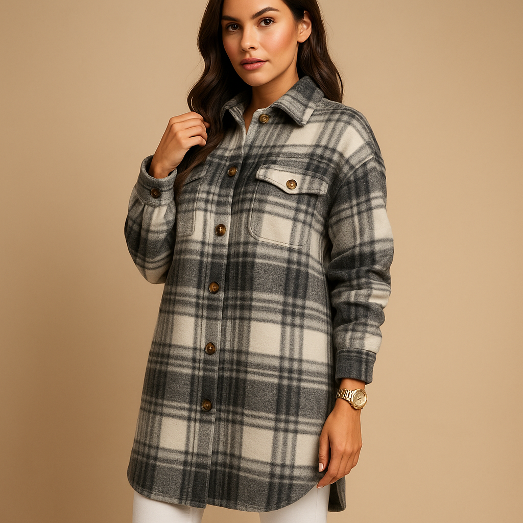 Long plaid coat for women with tailored fit, checkered pattern, lapel collar, and button closure, available in brown, light khaki, and green.