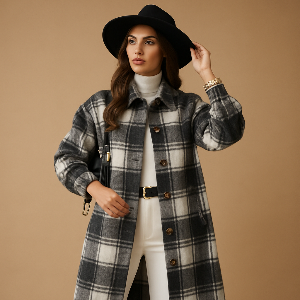 Long plaid coat for women with tailored fit, checkered pattern, lapel collar, and button closure, available in brown, light khaki, and green.