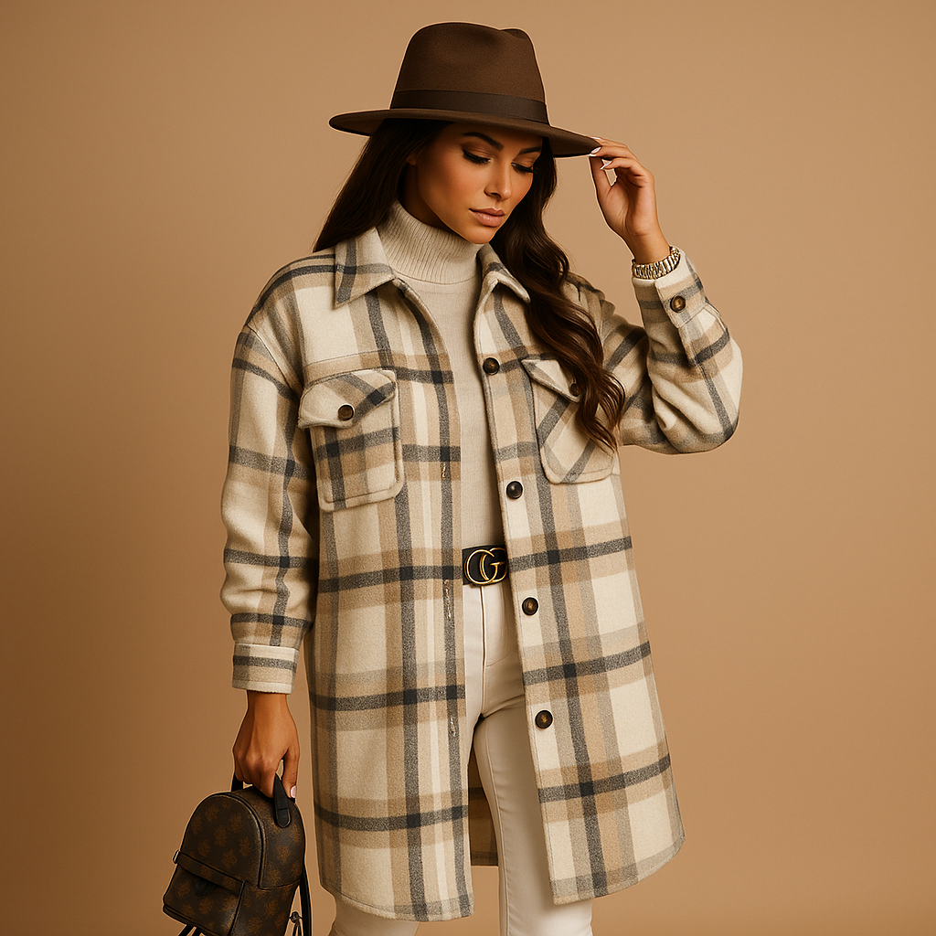 Long plaid coat for women with tailored fit, checkered pattern, lapel collar, and button closure, available in brown, light khaki, and green.