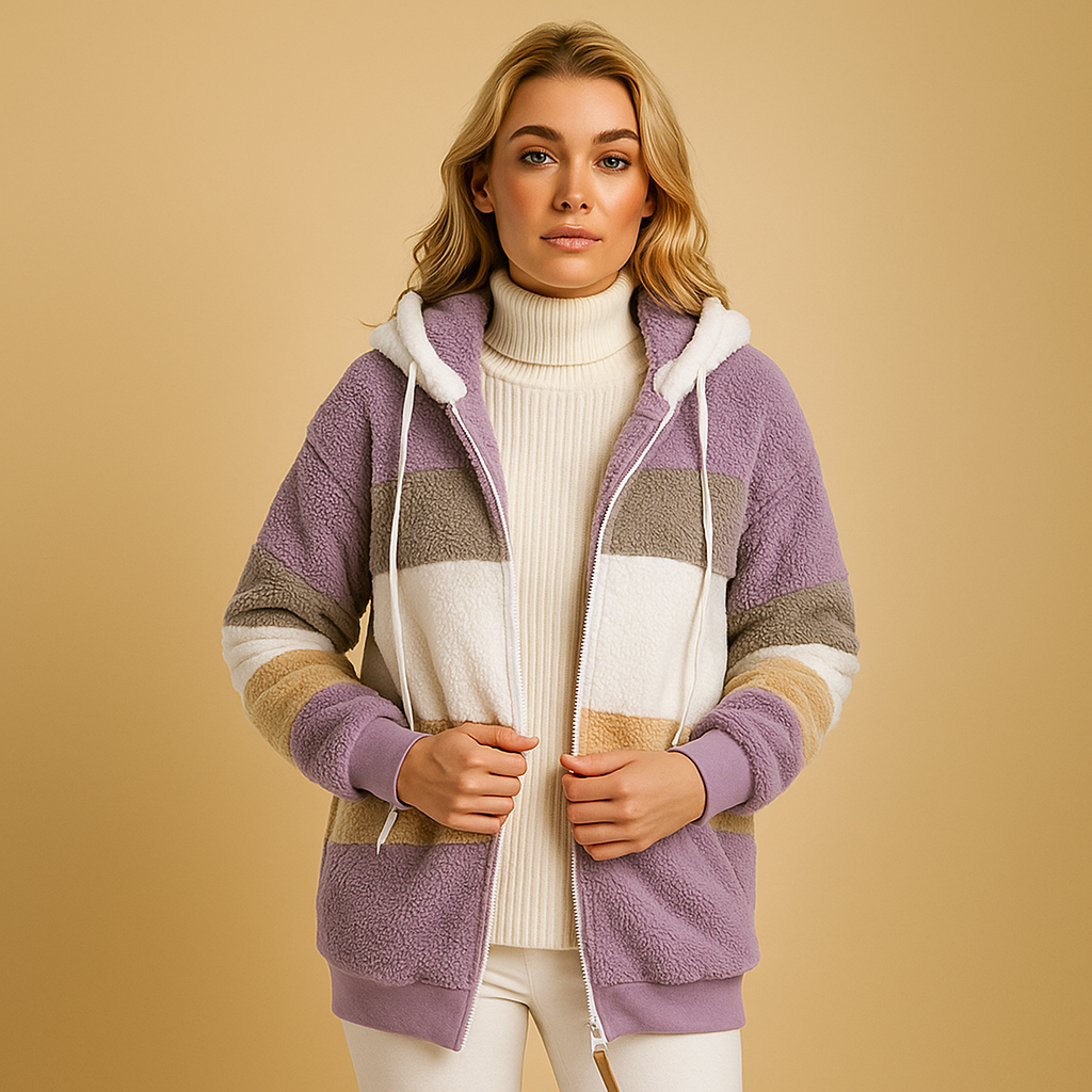 Long plush winter coat for women with soft fabric, relaxed fit, and refined silhouette, available in warm neutral tones for elegant winter outfits.