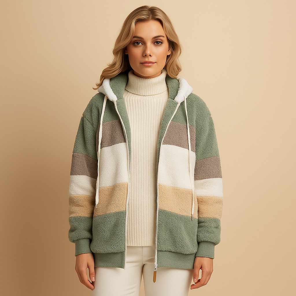 Long plush winter coat for women with soft fabric, relaxed fit, and refined silhouette, available in warm neutral tones for elegant winter outfits.