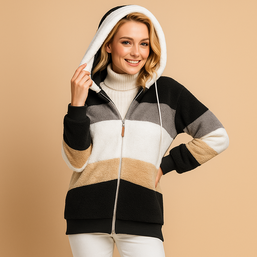 Long plush winter coat for women with soft fabric, relaxed fit, and refined silhouette, available in warm neutral tones for elegant winter outfits.