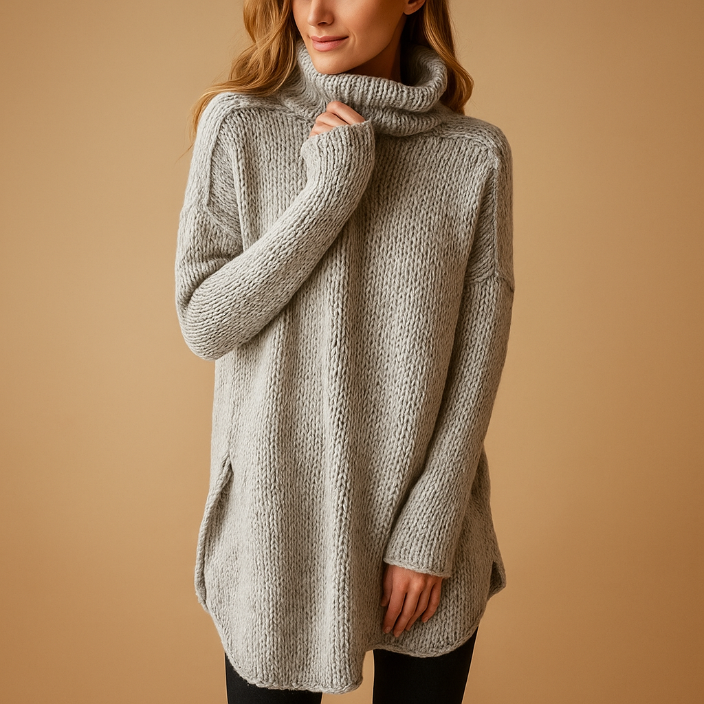 Long printed sweater for women with a flattering silhouette, classic neckline, and timeless print in black or grey, ideal for winter outfits.