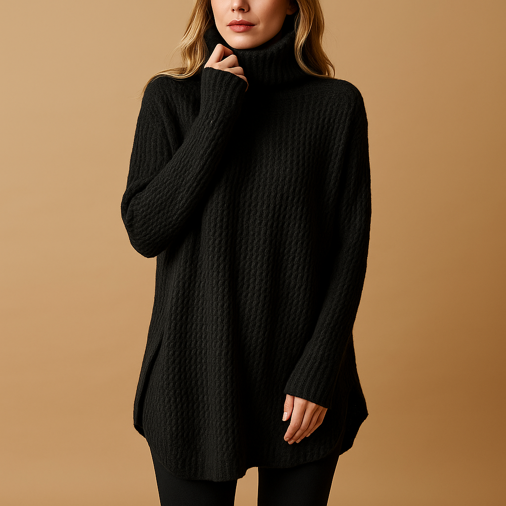 Long printed sweater for women with a flattering silhouette, classic neckline, and timeless print in black or grey, ideal for winter outfits.