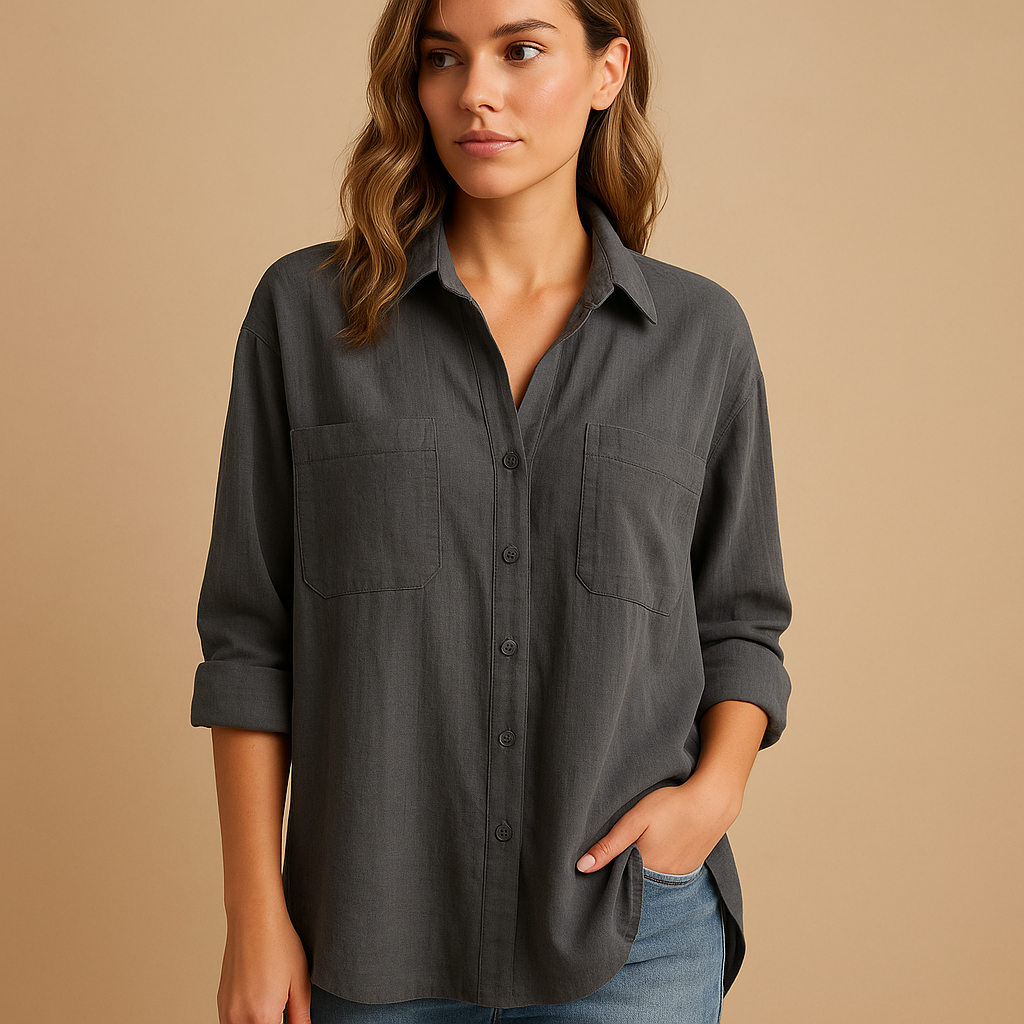 Women’s long sleeve airy blouse with relaxed fit in white, black, beige, gray, green, and blue — perfect for work, casual wear, and office days.